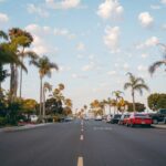 Scenic view of a palm-lined street in San Diego with parked cars and a clear sky.