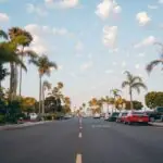 Scenic view of a palm-lined street in San Diego with parked cars and a clear sky.